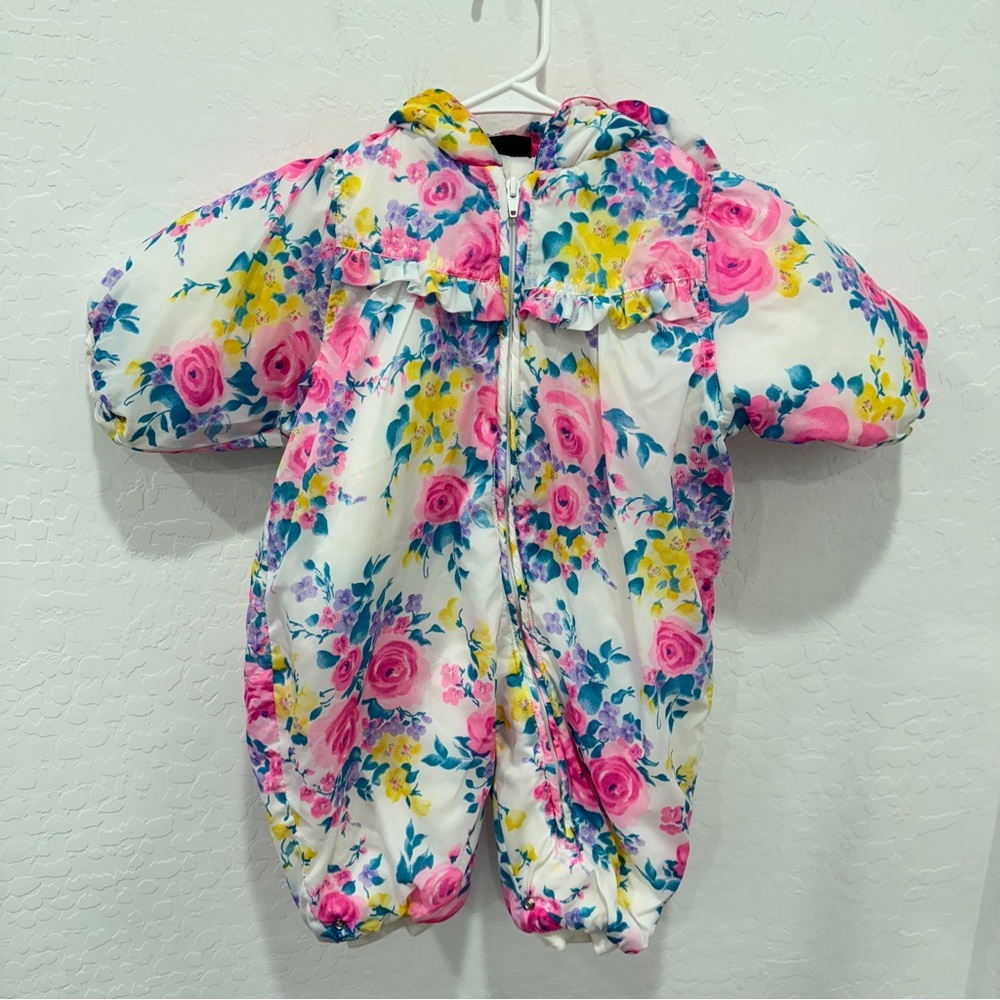 Vintage Alpine Way Floral Snowsuit Girls Baby 18M Puffy Zip Up Ruffle One Piece
